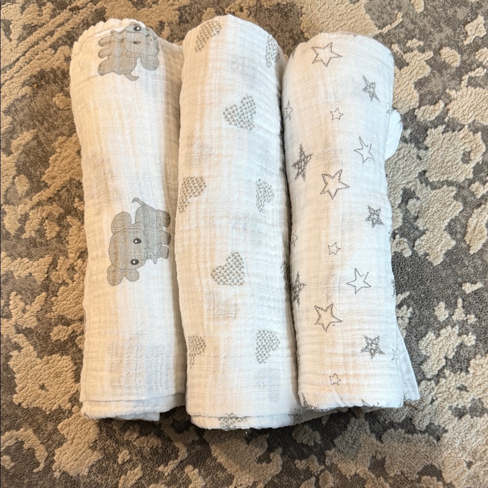 Set of Three Baby Swaddle Blankets with Patterns